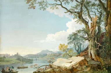 a painting of people in a boat on a river